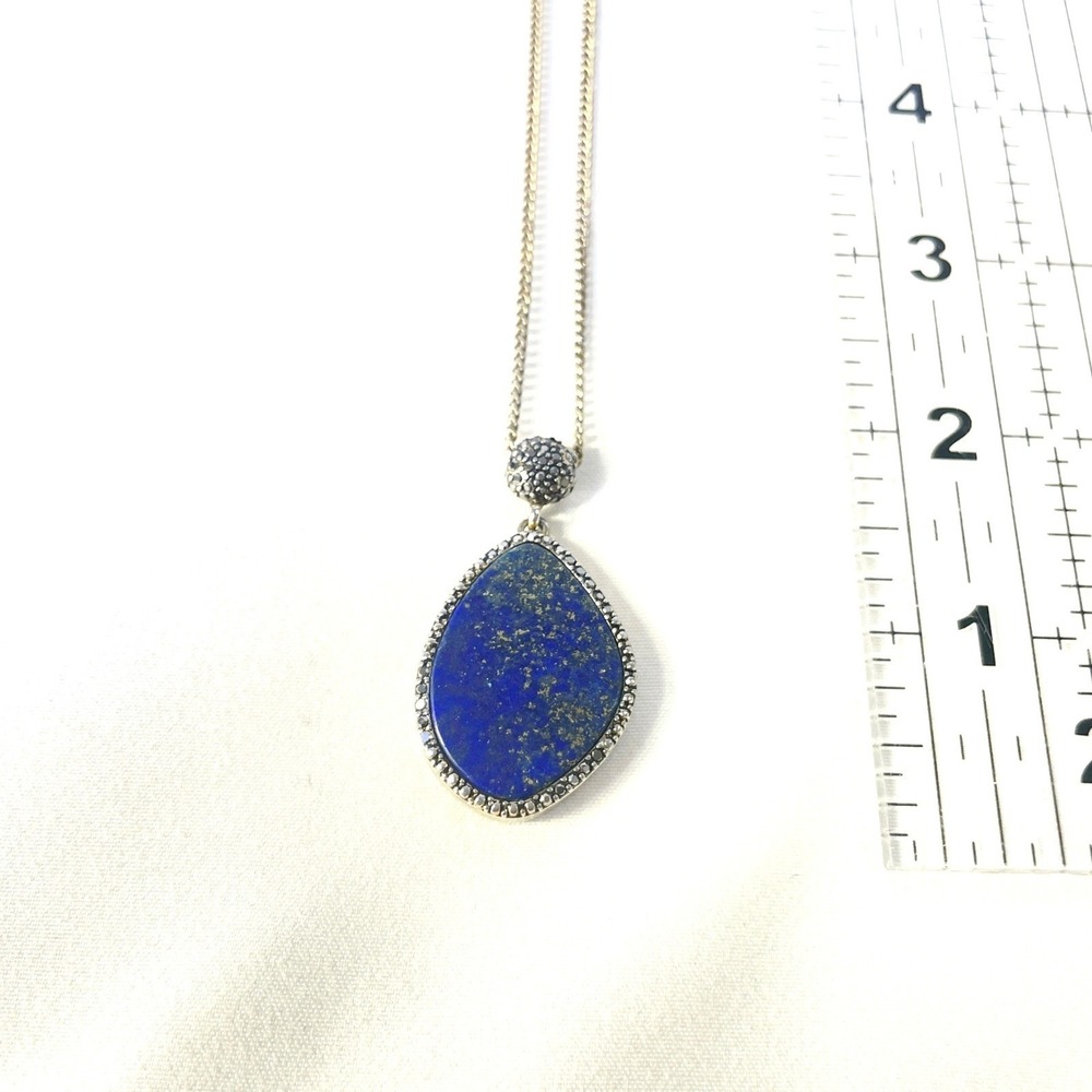 Vintage Lapis Lazuli Teardrop Pendant Necklace Long Chain Blue Gold Fleck Boho - Picture 6 of 16